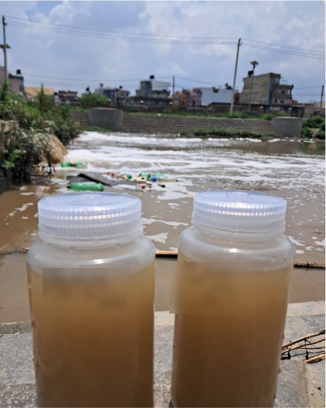 Labeled river water sample bottles at collection site